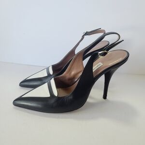 Tabitha Simmons Alexa Black and White Pointed-Toe Slingback Heels Size 36